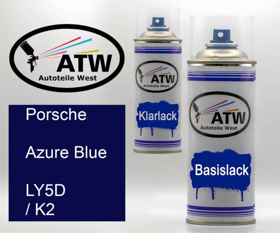 Porsche, Azure Blue, LY5D / K2: 400ml Sprühdose + 400ml Klarlack - Set, von ATW Autoteile West.